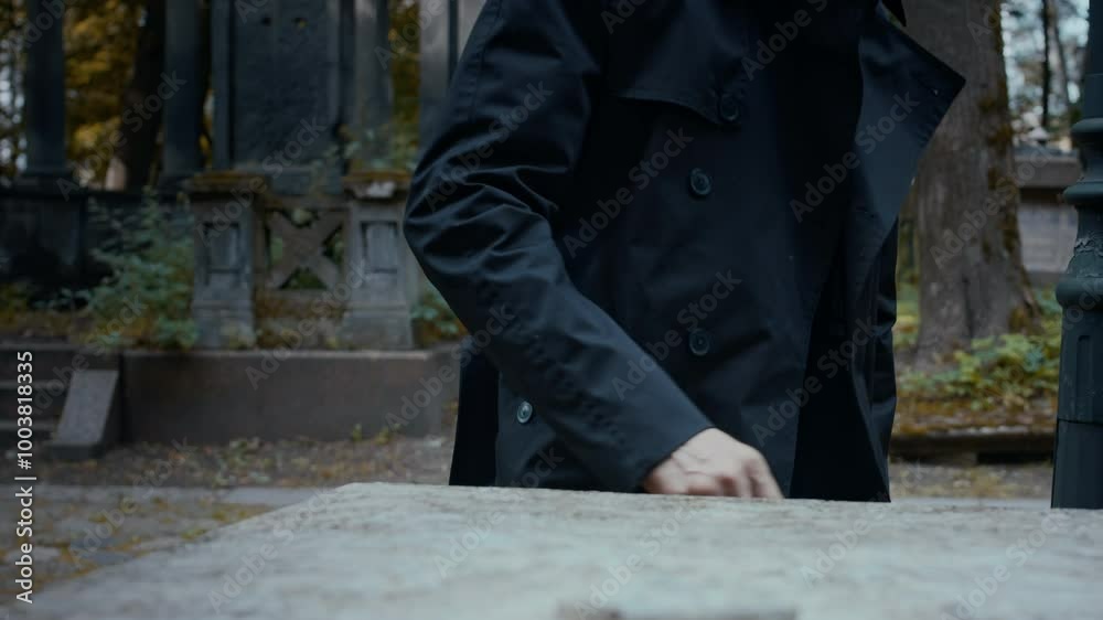 Mourning man with grey hair and beard walking in cemetery, kneeling and leaning on grave while feeling loss and grief Mourning man with grey hair and beard walking in cemetery, kneeling and leaning on grave while feeling loss and grief