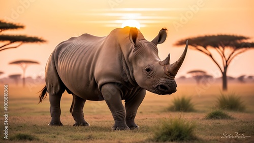 This captivating image showcases a majestic rhinoceros standing in the open savanna, bathed in the soft, golden light of sunrise.  photo