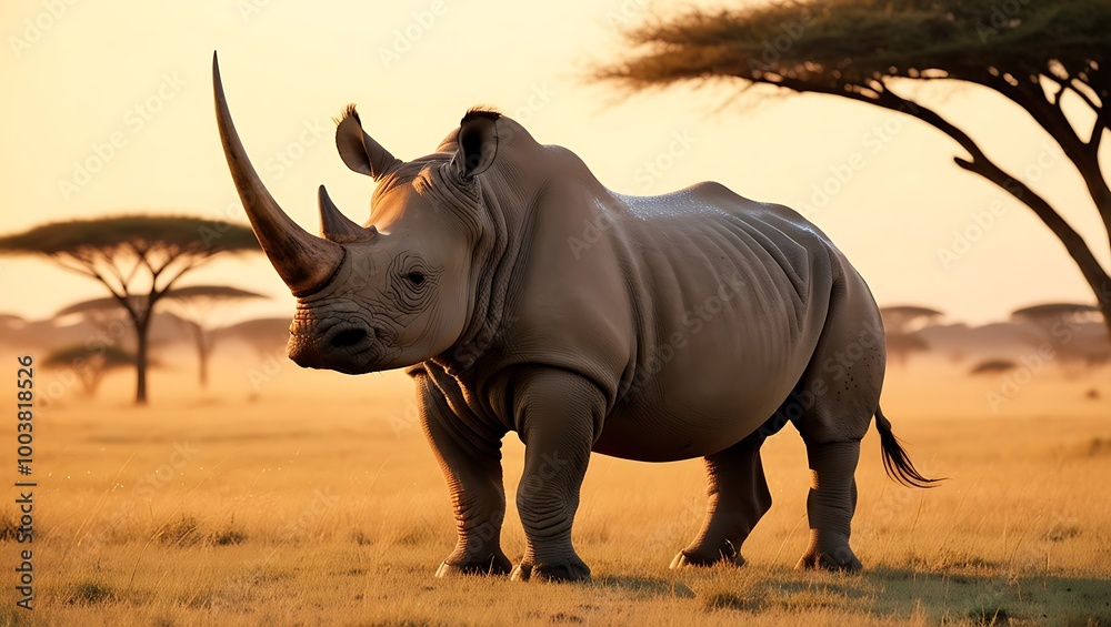Fototapeta premium This captivating image showcases a majestic rhinoceros standing in the open savanna, bathed in the soft, golden light of sunrise.