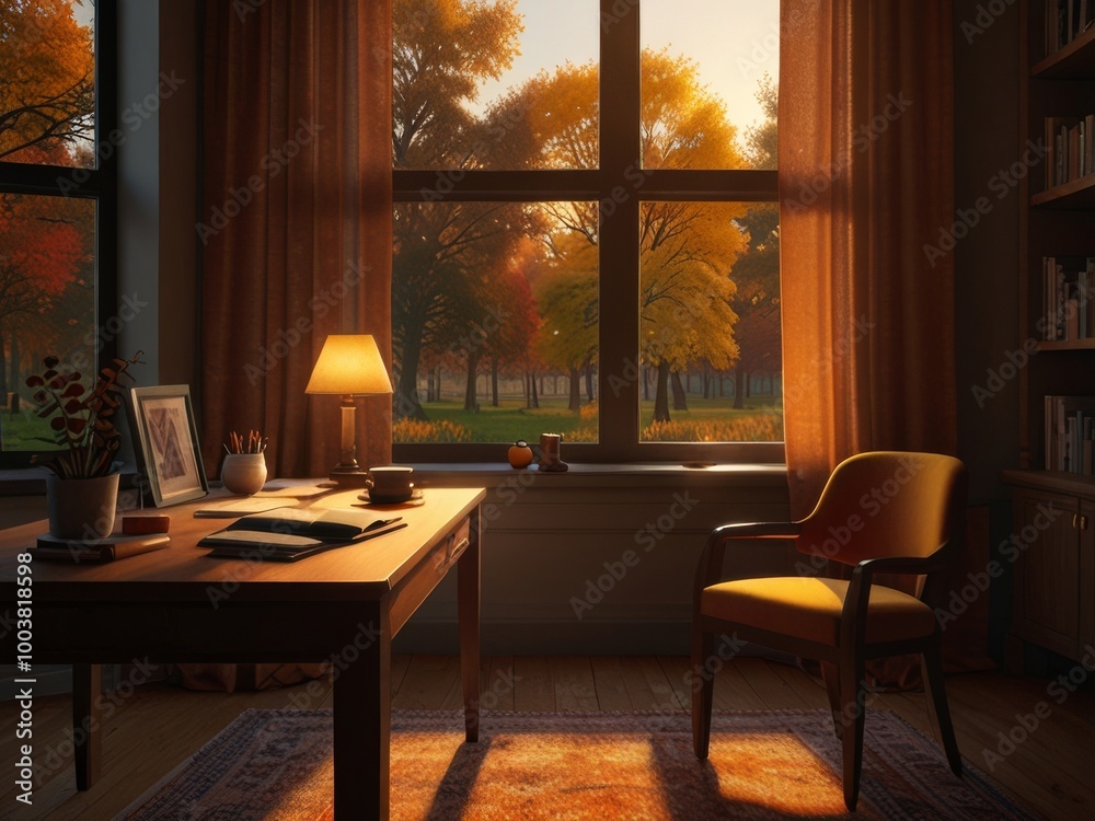Fototapeta premium Cozy Reading Nook with Autumnal View