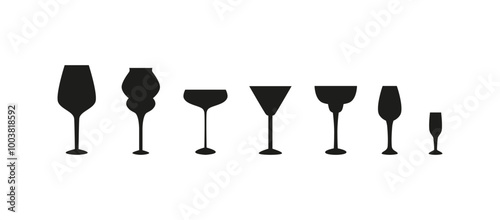 Black silhouettes of wine glasses.  Icon, logo, sketch, doodle. Alcohol drink cup, crystal glass, goblet, glassware. Red and white wine tasting. Sommelier. Party, celebration time. Contour. 