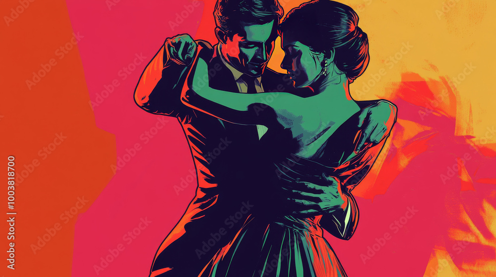 A man and a woman are lost in the music as they dance the tango. They look like a pop art illustration. A man and a woman are lost in the music as they dance the tango. They look like a pop art illustration.
