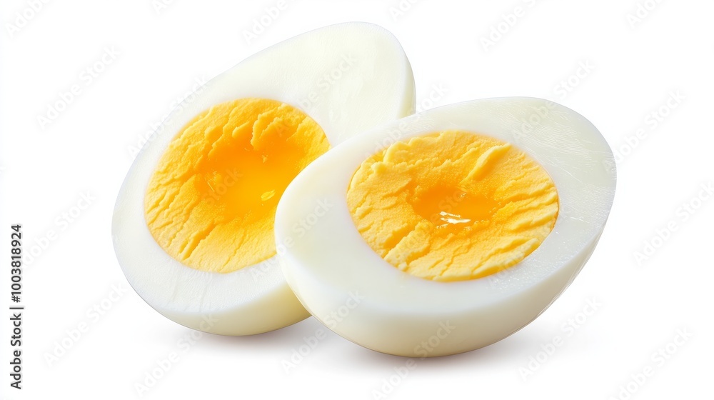A pair of hard-boiled eggs, cut in half to reveal their soft yolks, isolated on a transparent background. A classic, nutritious food item ready for any meal prep. A pair of hard-boiled eggs, cut in half to reveal their soft yolks, isolated on a transparent background. A classic, nutritious food item ready for any meal prep.