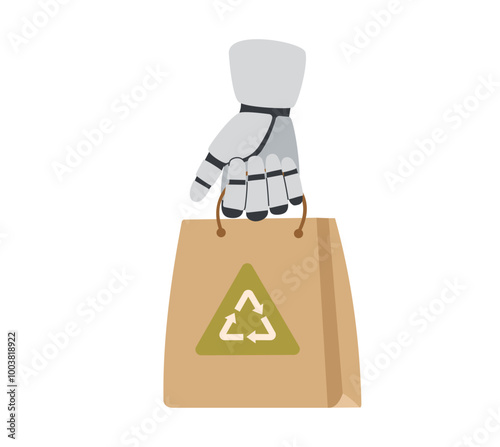 Technology concept. Robots hand holding a recycled reusable paper shopping bag. Environment and ecology concept. 