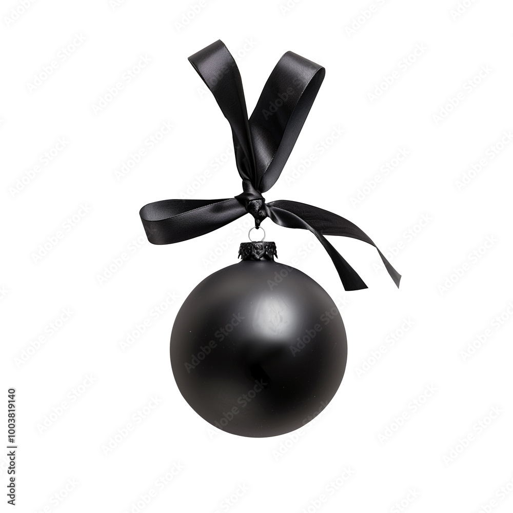 Black Christmas Ornament with A Ribbon Isolated on Transparent Background
