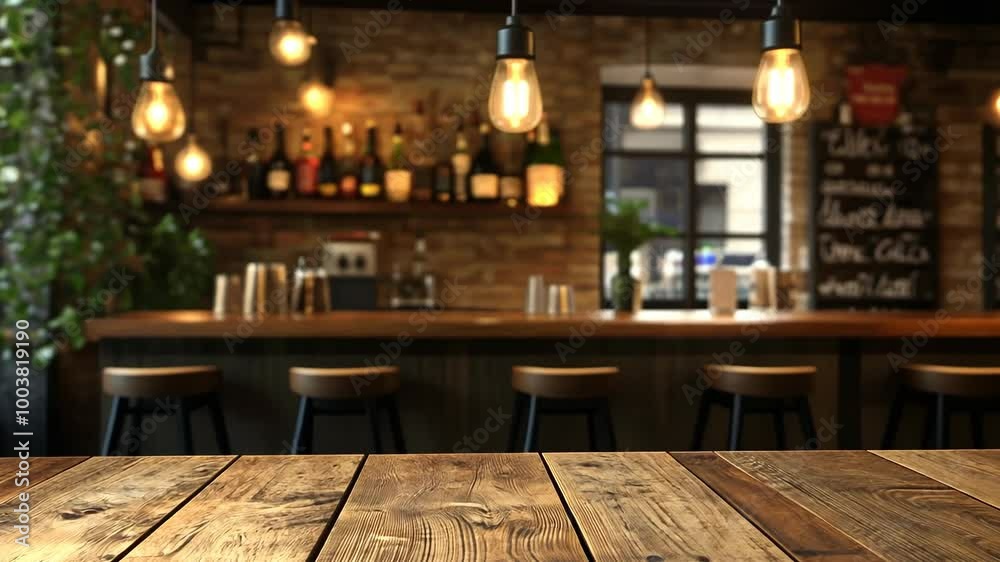 A rustic wooden table sits in front of a dimly lit bar, perfect for enjoying a night out with friends A rustic wooden table sits in front of a dimly lit bar, perfect for enjoying a night out with friends