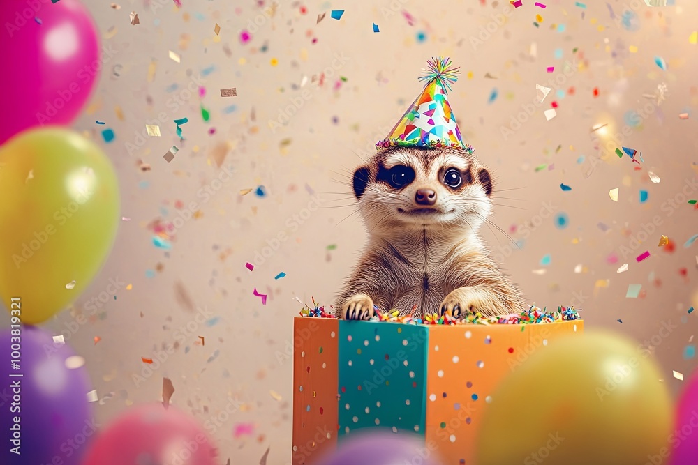 A meerkat sitting inside a colorful birthday box wearing a party hat A meerkat sitting inside a colorful birthday box wearing a party hat