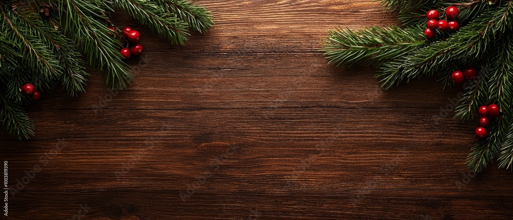 A red-berried Christmas branch against a wooden backdrop with text space A red-berried Christmas branch against a wooden backdrop with text space