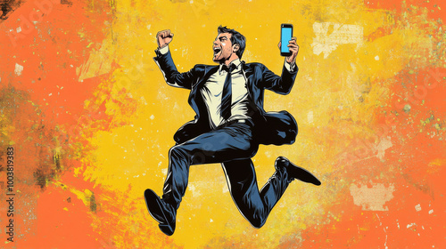 A powerful businessman celebrates his success with a confident jump and a smartphone. He embodies energy and leadership, drawing inspiration from martial arts like karate and Wushu.pop art.