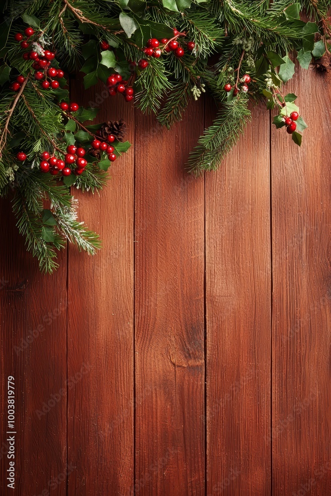 Red berries and green leaves on a branch of a Christmas tree against a wooden backdrop Space for text Red berries and green leaves on a branch of a Christmas tree against a wooden backdrop Space for text