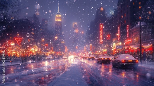 A snowy evening in a bustling city with cars driving down a street lined with glowing buildings and Christmas lights.