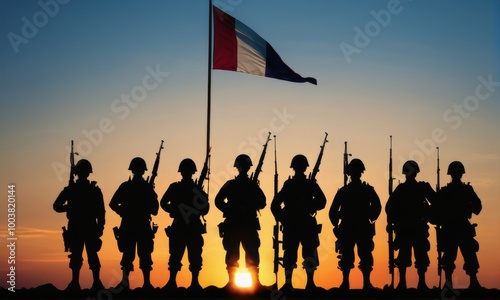 French Soldiers Silhouette Against Sunset Background photo