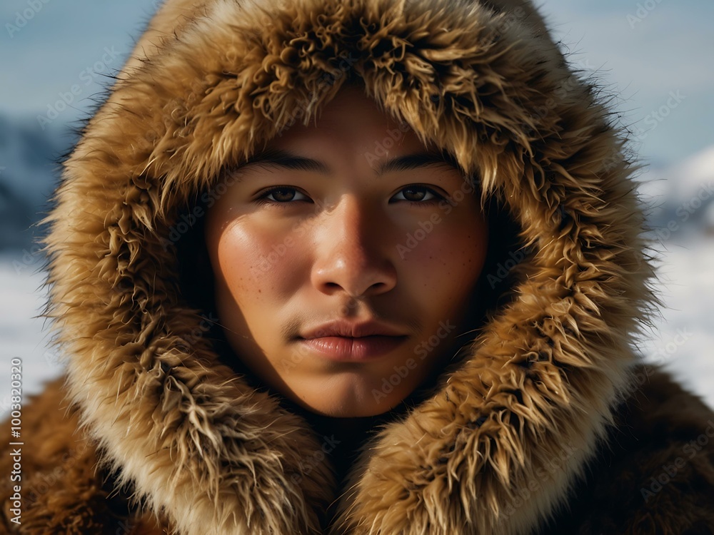 Close-up portrait of an Eskimo in animal skin. Close-up portrait of an Eskimo in animal skin.