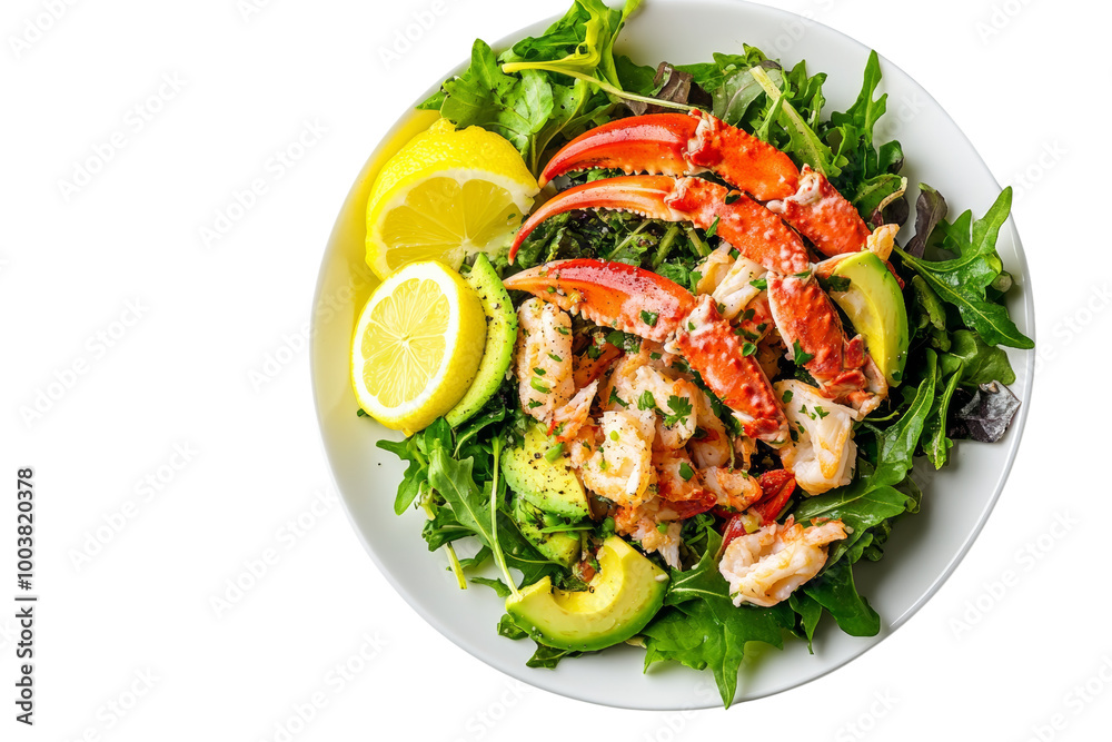 Fresh crab salad with mixed greens, avocado slices, and lemon wedges ,Isolated on transparent background Fresh crab salad with mixed greens, avocado slices, and lemon wedges ,Isolated on transparent background
