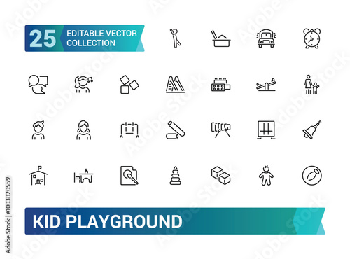 Kids playground icons collection, Outline set of kid playground. Vector icons for web and ui design, Editable stroke. Pixel perfect.
