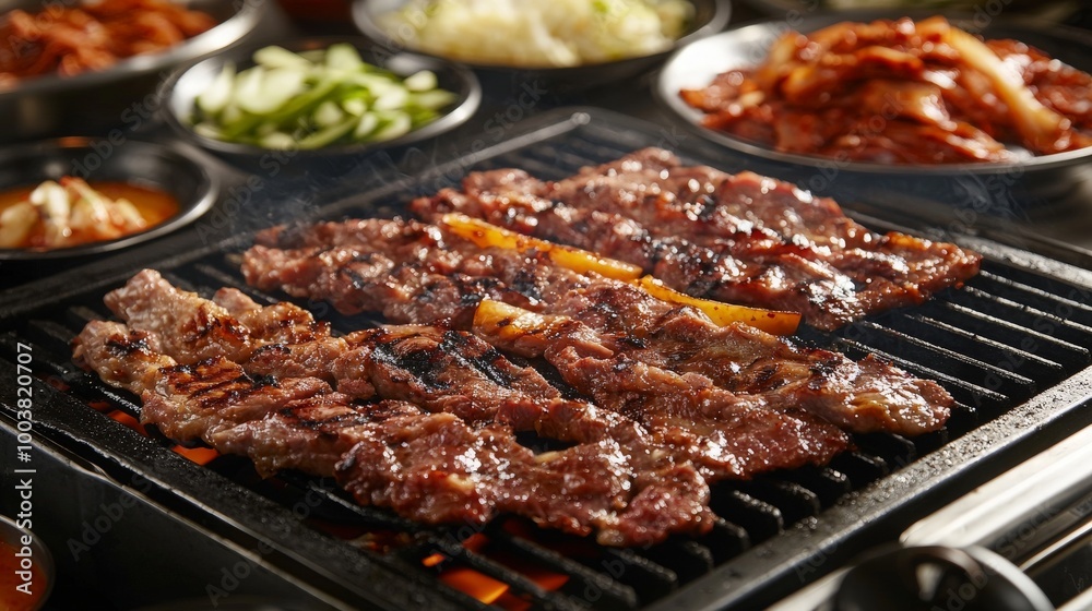 Assorted Korean Barbecue Meats on Tabletop Grill Assorted Korean Barbecue Meats on Tabletop Grill