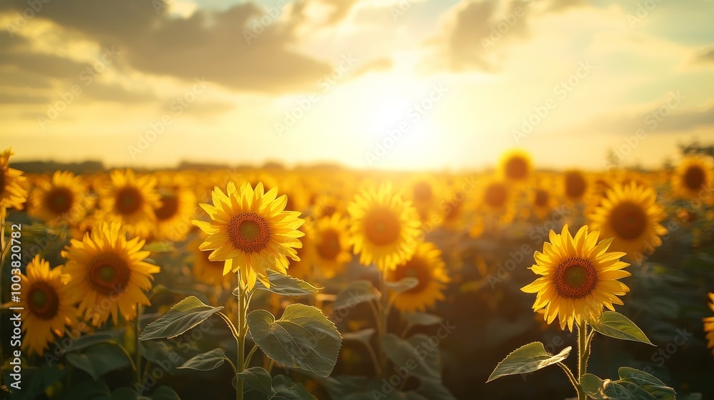 Obraz premium Rows of sunflowers forming a circle, all facing the radiant rising sun, golden light streaming through the sky, soft shadows on the field