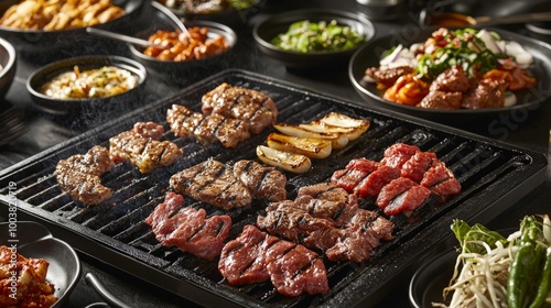 Assorted Korean Barbecue Meats on Tabletop Grill