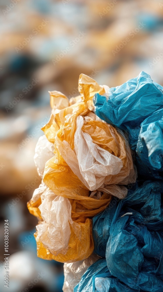 Colorful plastic bags piled up, showcasing pollution and waste issues in an environmental context. Colorful plastic bags piled up, showcasing pollution and waste issues in an environmental context.