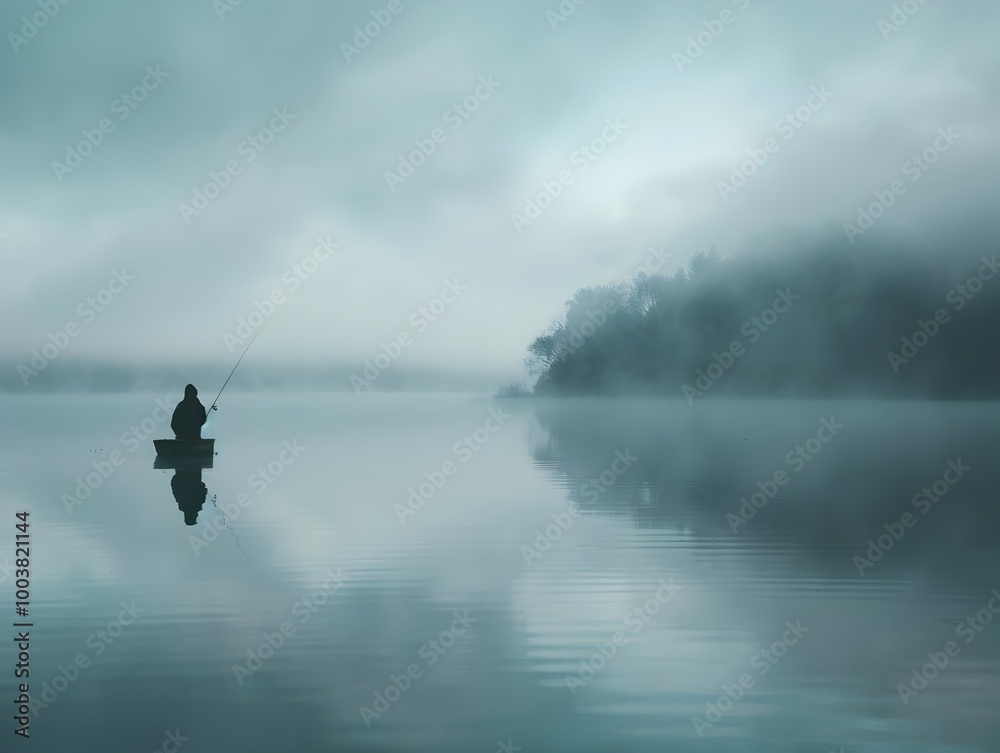 Fototapeta premium Lone fisherman on a misty lake lost in pensive reflection