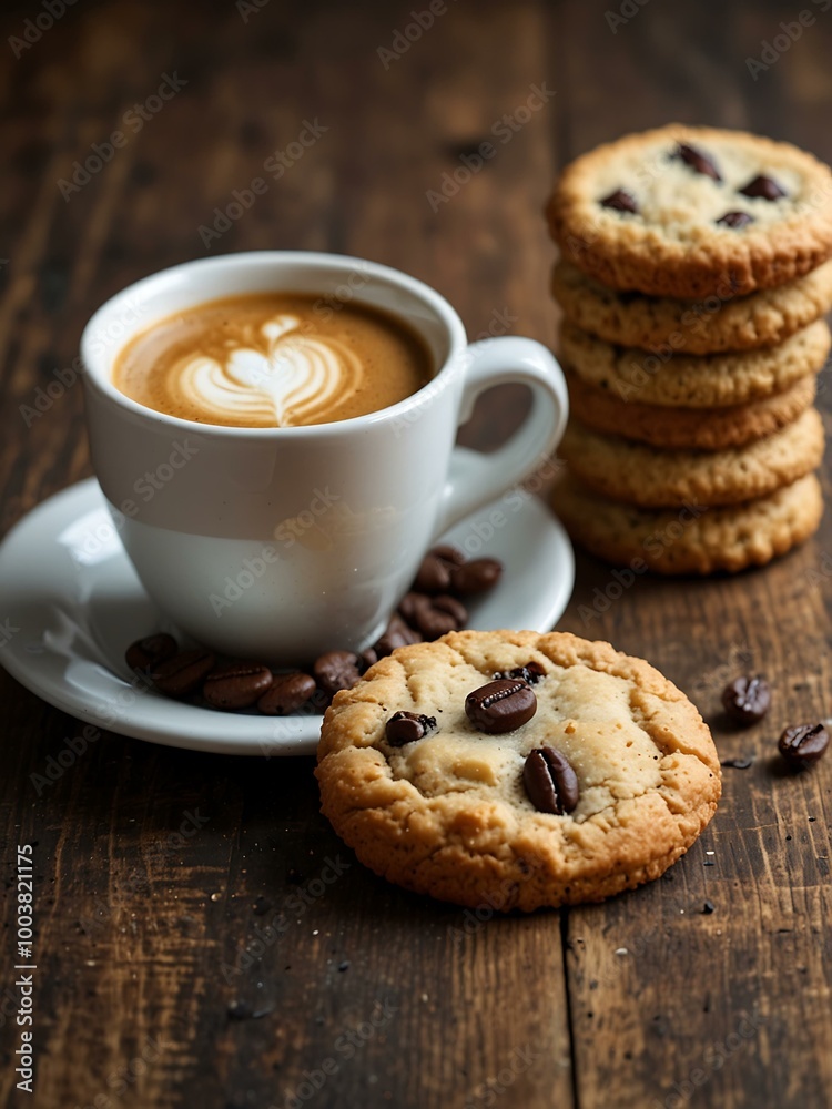 Coffee cup and cookies on a rustic wooden table. Coffee cup and cookies on a rustic wooden table.