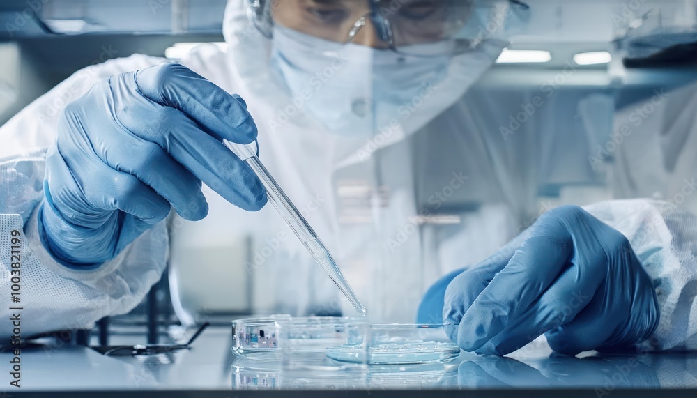 In a Secure High Level Laboratory Scientists in a Coverall Conducting a Research. Chemist In a Secure High Level Laboratory Scientists in a Coverall Conducting a Research. Chemist