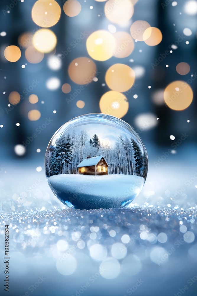 A glass orb containing a house within, situated on a snow-covered ground Background features soft glow from twinkling holiday lights A glass orb containing a house within, situated on a snow-covered ground Background features soft glow from twinkling holiday lights
