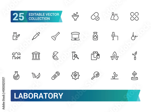 Laboratory line icon set. Test tube, flask, chemical, biology, microscope, research, lab and more. Outline vector icons collection. Editable stroke.