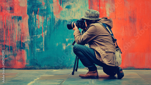 A journalist who travels and takes photos is kneeling down to capture a scene. They use these photos for their writing and social media.pop art. photo