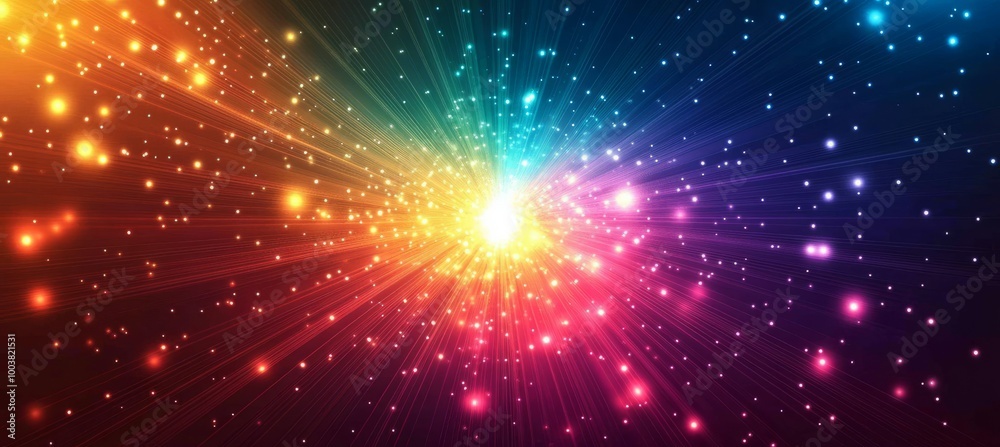 Fototapeta premium Colorful sunburst rays explosion on dark space star background. Generative AI technology.