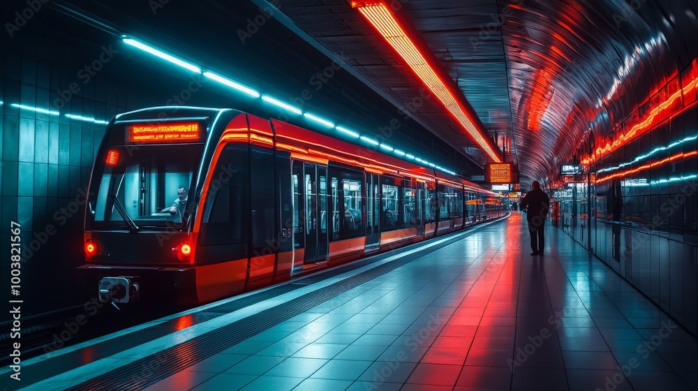 Underground Station with Neon Reflections Underground Station with Neon Reflections