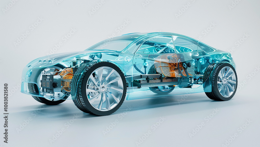 A detailed image of the internal structure of an electric vehicle, showing batteries and other components inside its transparent shell A detailed image of the internal structure of an electric vehicle, showing batteries and other components inside its transparent shell