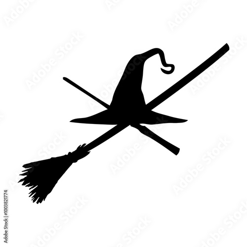 Logo con silueta de sombrero de bruja encima de escoba y varita mágica cruzadas para tarjetas y felicitaciones de Halloween	