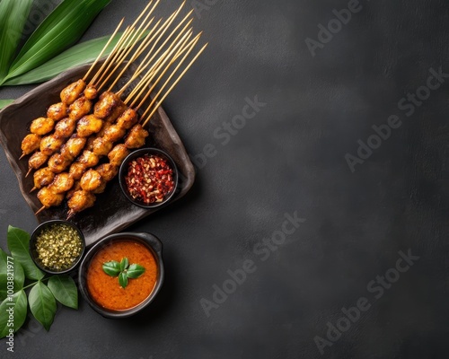 Delicious grilled skewers served with spicy dipping sauce on a dark background. photo