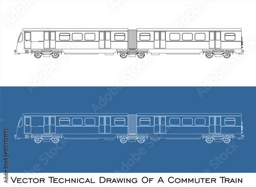 vector commuter train technical drawing blueprints.  isolated in transparent background