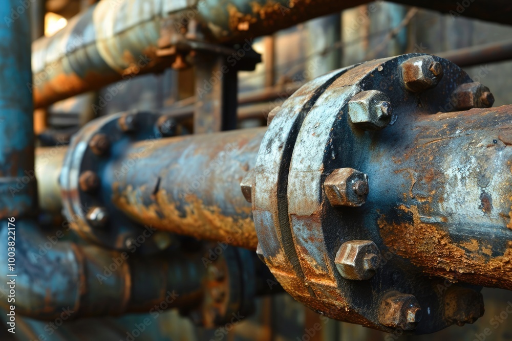 Industrial Pipeline System: Closeup of Steel Water Pipe and Metal Fittings Industrial Pipeline System: Closeup of Steel Water Pipe and Metal Fittings
