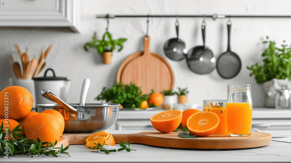 Kitchen Interior with Fresh Orange Juice on Wooden Countertop. Realistic Home Design Concept Kitchen Interior with Fresh Orange Juice on Wooden Countertop. Realistic Home Design Concept