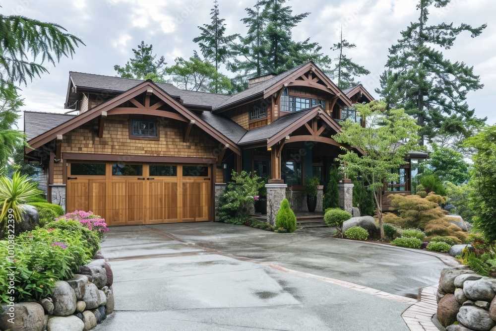 Inviting Craftsman Home with Stone Trim, Garage and Driveway: Exterior View of Northwest Style House Inviting Craftsman Home with Stone Trim, Garage and Driveway: Exterior View of Northwest Style House