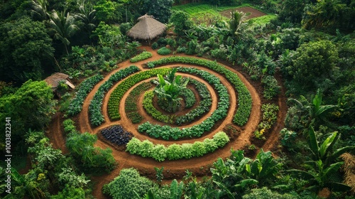 Sustainable permaculture farm with crops arranged in perfect circular rows, integrating native plants and herbs, a thriving eco-system of self-sustaining growth photo