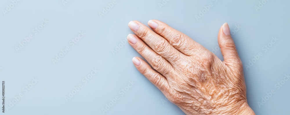 Fototapeta premium Elderly hand resting on a light blue surface, showcasing fine lines and textures of aging.