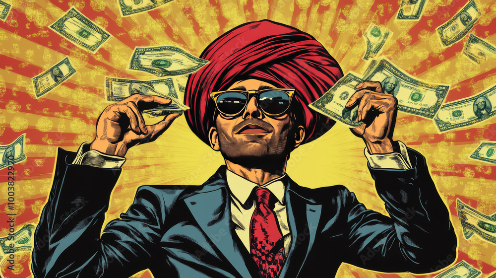 A man in a turban and suit controls the stock market. He's using tricks to make money, like a magician. The artwork has a vintage pop art style. A man in a turban and suit controls the stock market. He's using tricks to make money, like a magician. The artwork has a vintage pop art style.