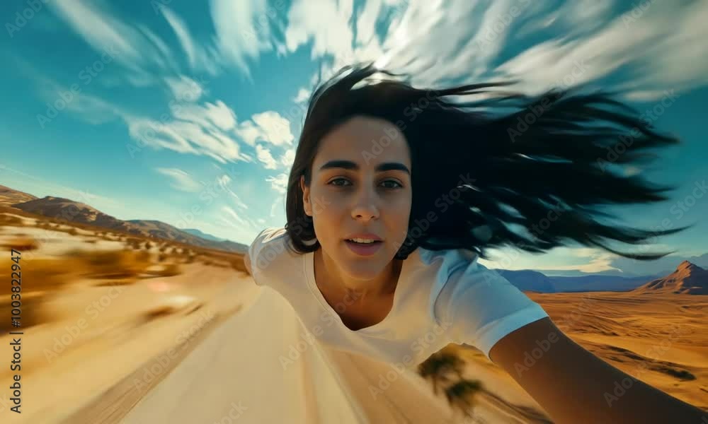 Flying woman, a super power that allows a girl to fly and take selfies