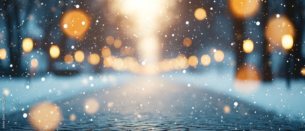 A crisp image of a nighttime street, lights flickering in the background, and snowflakes gently descending A crisp image of a nighttime street, lights flickering in the background, and snowflakes gently descending