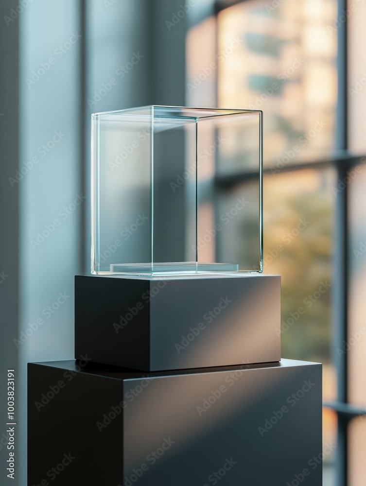Elegant glass display case on a pedestal showcased in a modern interior ...