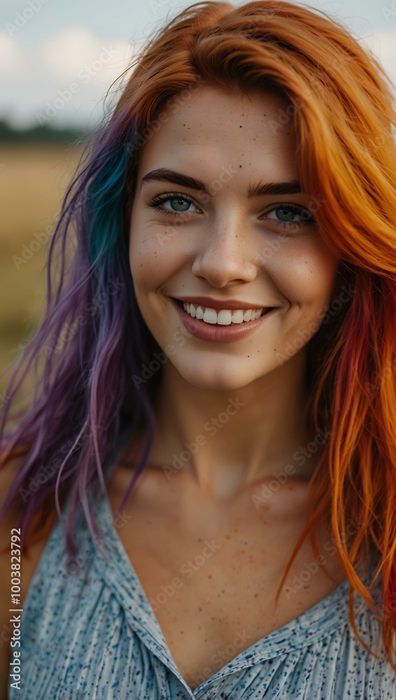 Colorful-haired woman smiling in an open field. Colorful-haired woman smiling in an open field.