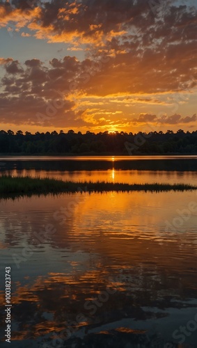 Colorful sunrise reflected on a lake.