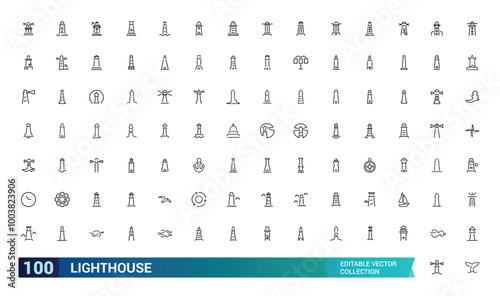 Lighthouse line icons set. Outline icon set of Nautical, Coastal, Direction and more. Vector icon for web and ui design, Editable stroke. Vector illustration.