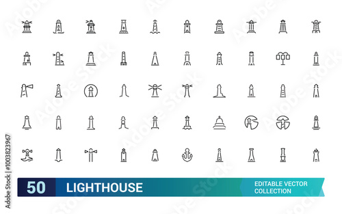 Lighthouse line icons set. Outline icon set of Nautical, Coastal, Direction and more. Vector icon for web and ui design, Editable stroke. Vector illustration.