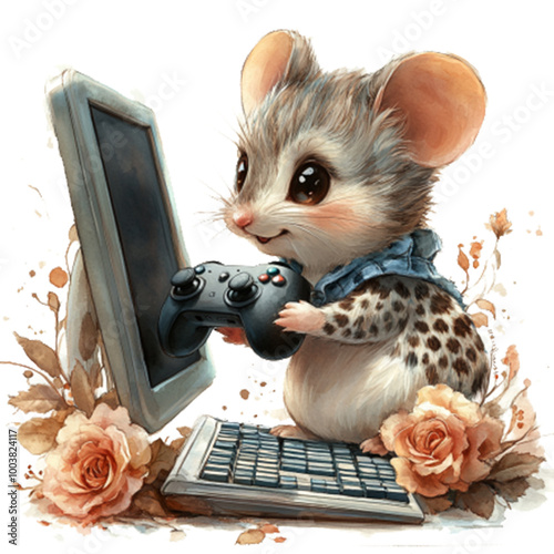 Cute Cartoon Mouse Playing Video Games with a Controller and Laptop, Whimsical Digital Art with Floral Accents for Gaming and Animal Lovers photo