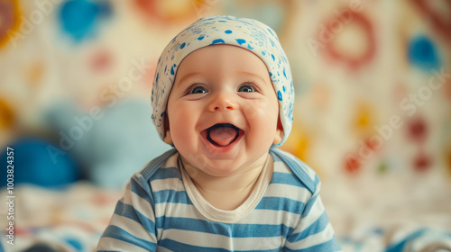 The baby in the clothes is happy and smiling.  The boy is calm.pop art. photo